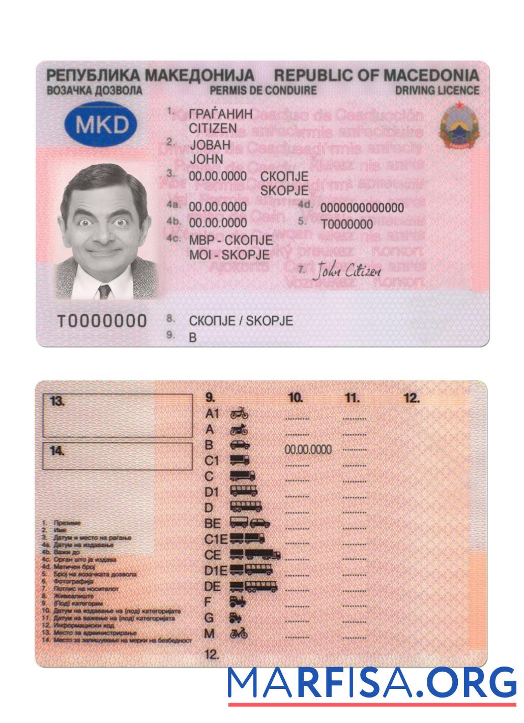 Downloadable Macedonia driving license example
